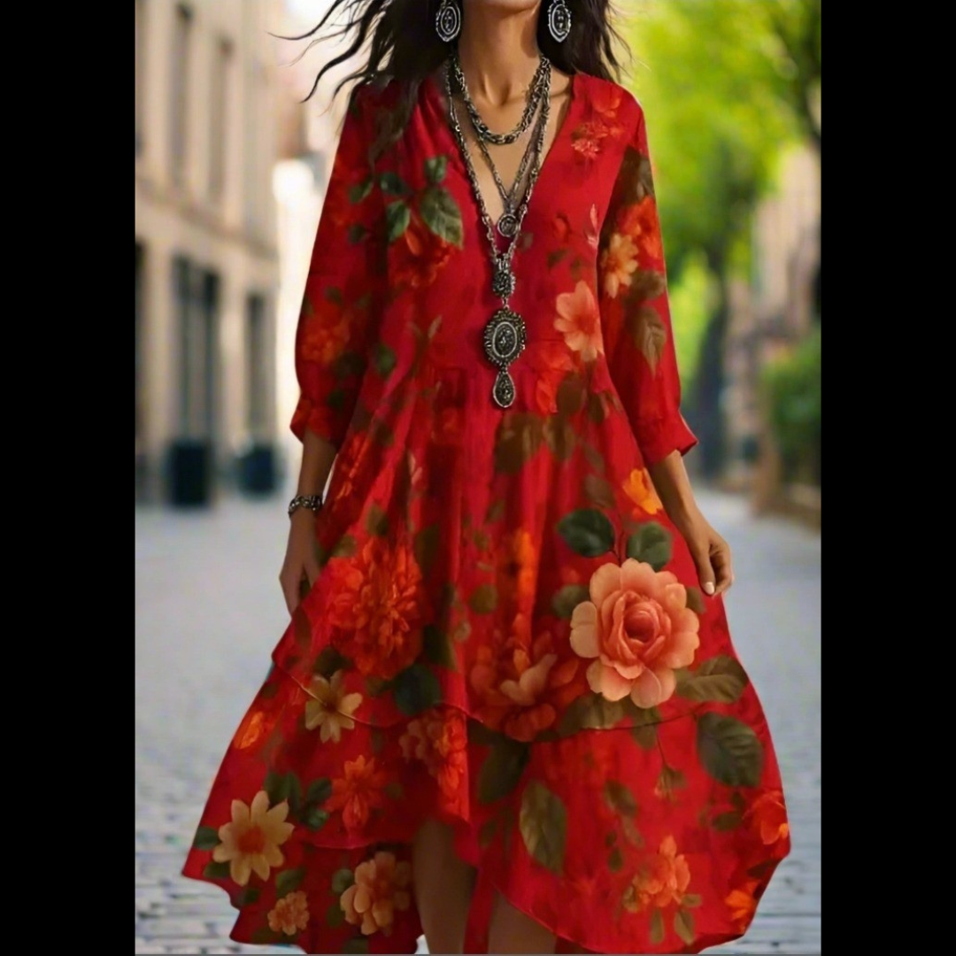 Bold red floral print maxi dress with V-neck and loose waist, styled for urban streetwear look.