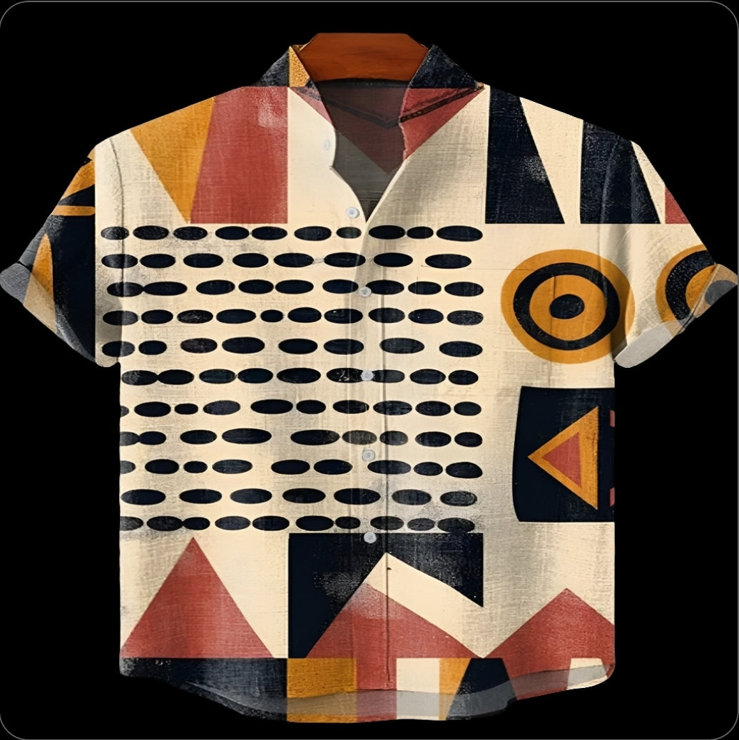 Men's Linen Blend Short Sleeve V-Neck Shirt – Forest Art Print Casual Shirt for Travel & Summer Wear