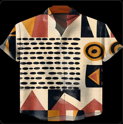 Men's Linen Blend Short Sleeve V-Neck Shirt – Forest Art Print Casual Shirt for Travel & Summer Wear