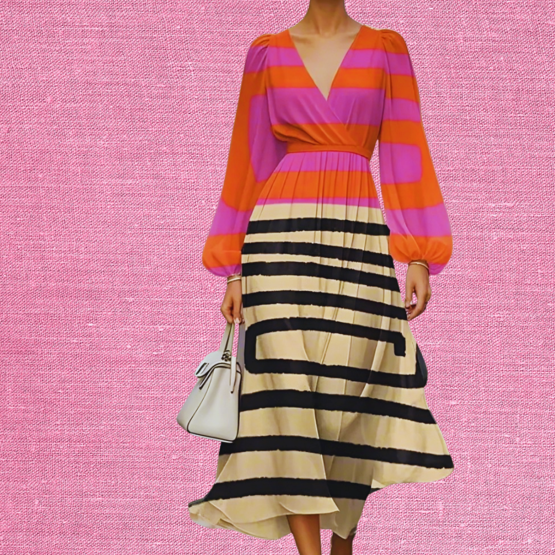 ​Chic long sleeve black and white striped knee-length dress