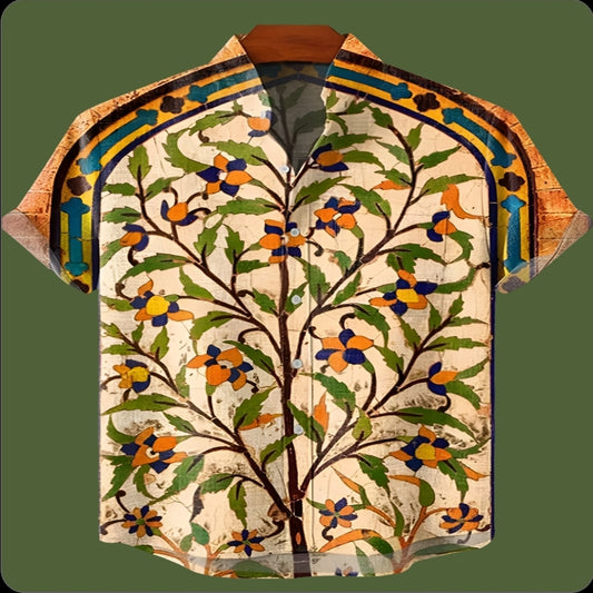 Men's Linen Blend Short Sleeve V-Neck Shirt – Forest Art Print Casual Shirt for Travel & Summer Wear