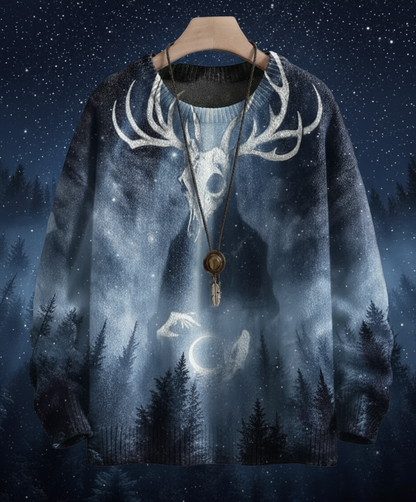 Grey 3D printed Halloween sweater with a deer skull face in a misty, moonlit forest