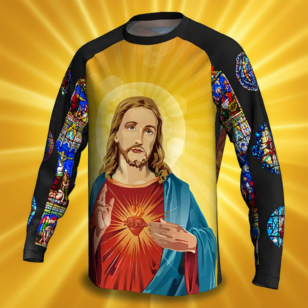 Religious Cycling Jersey – Stained Glass Jesus & Virgin Mary Long Sleeve MTB Bike Shirt for Men & Women | Breathable, Quick-Dry, Unisex Church Wear for Mountain Biking & Road Cycling