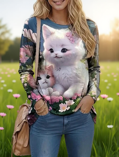 Pastel-colored plush cats and lollipops design on women's long sleeve tee