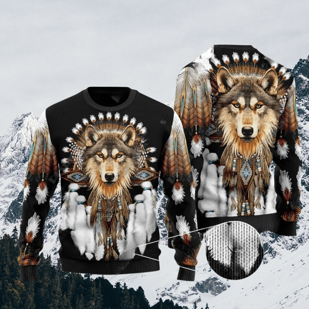 Native Indian Wolf Feather Dream Catcher Art Design Unisex Ugly Sweater (Short to Plus-Size) selection - ALOE WINGS STORE