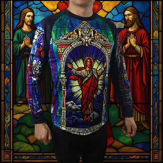 Religious Cycling Jersey – Stained Glass Jesus & Virgin Mary Long Sleeve MTB Bike Shirt for Men & Women | Breathable, Quick-Dry, Unisex Church Wear for Mountain Biking & Road Cycling