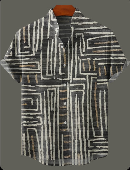 Men's black and white geometric line pattern shirt – minimalist retro design for sleek casual fashion.