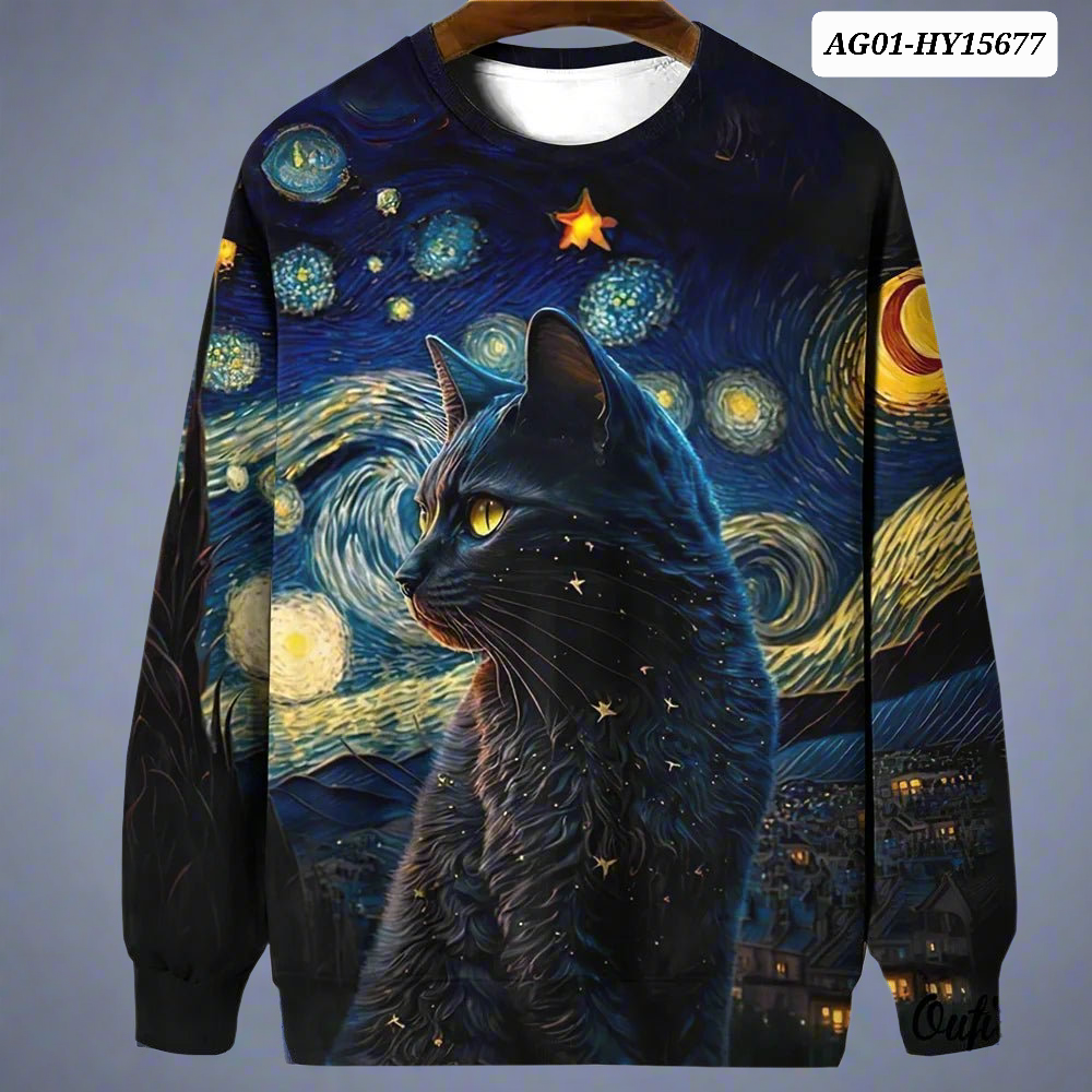 Night Sky Cat Abstract Art Plus Size Included Sweatshirt [SELECTION] - ALOE WINGS STORE