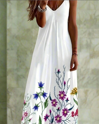 Boho Floral Maxi Dress – Women's V-Neck Spaghetti Strap Summer Beach Dress