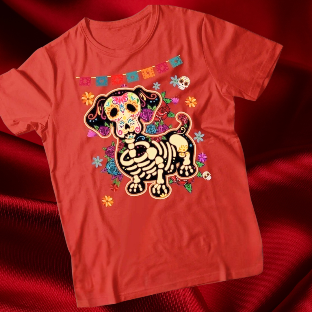 Skull Mexican Dachshund Bone T-Shirt – Funny Day of the Dead Halloween Streetwear | Unisex Cotton Casual T-Shirt