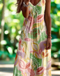 Boho Floral Maxi Dress – Women's V-Neck Spaghetti Strap Summer Beach Dress