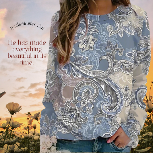 Woman wearing blue floral mandala 3D print hoodie, African ethnic style streetwear for women