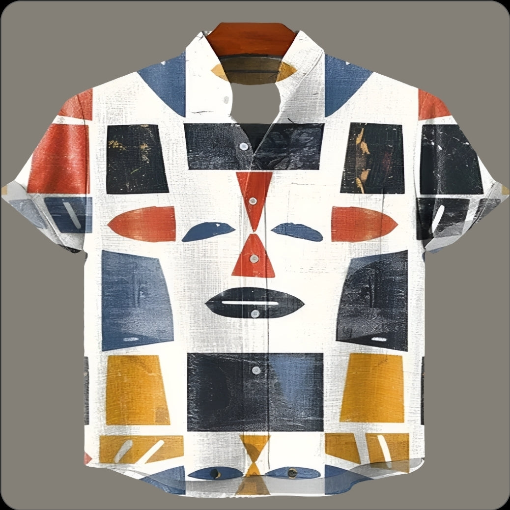 Men's Linen Blend Short Sleeve V-Neck Shirt – Forest Art Print Casual Shirt for Travel & Summer Wear