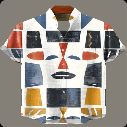 Men's Linen Blend Short Sleeve V-Neck Shirt – Forest Art Print Casual Shirt for Travel & Summer Wear
