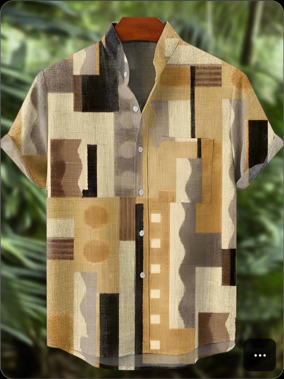 Men’s Hawaiian Print Linen-Style Short Sleeve Shirt – Oversized Casual Summer Top| Breathable Polyester Beach Wear & Vacation Fashion (S-5XL)