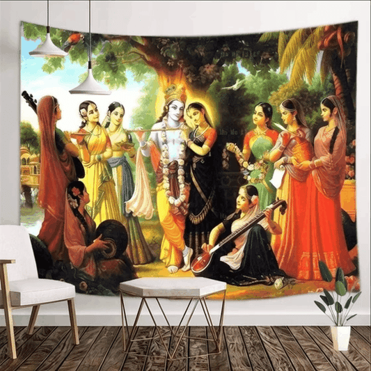 Radha and Krishna dancing with Gopis under a tree tapestry