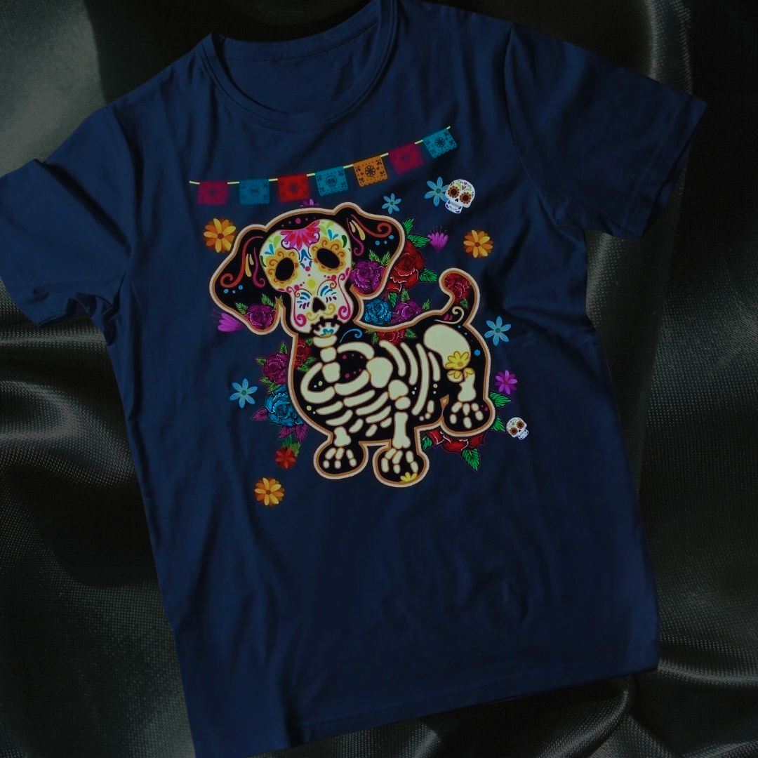 Skull Mexican Dachshund Bone T-Shirt – Funny Day of the Dead Halloween Streetwear | Unisex Cotton Casual T-Shirt