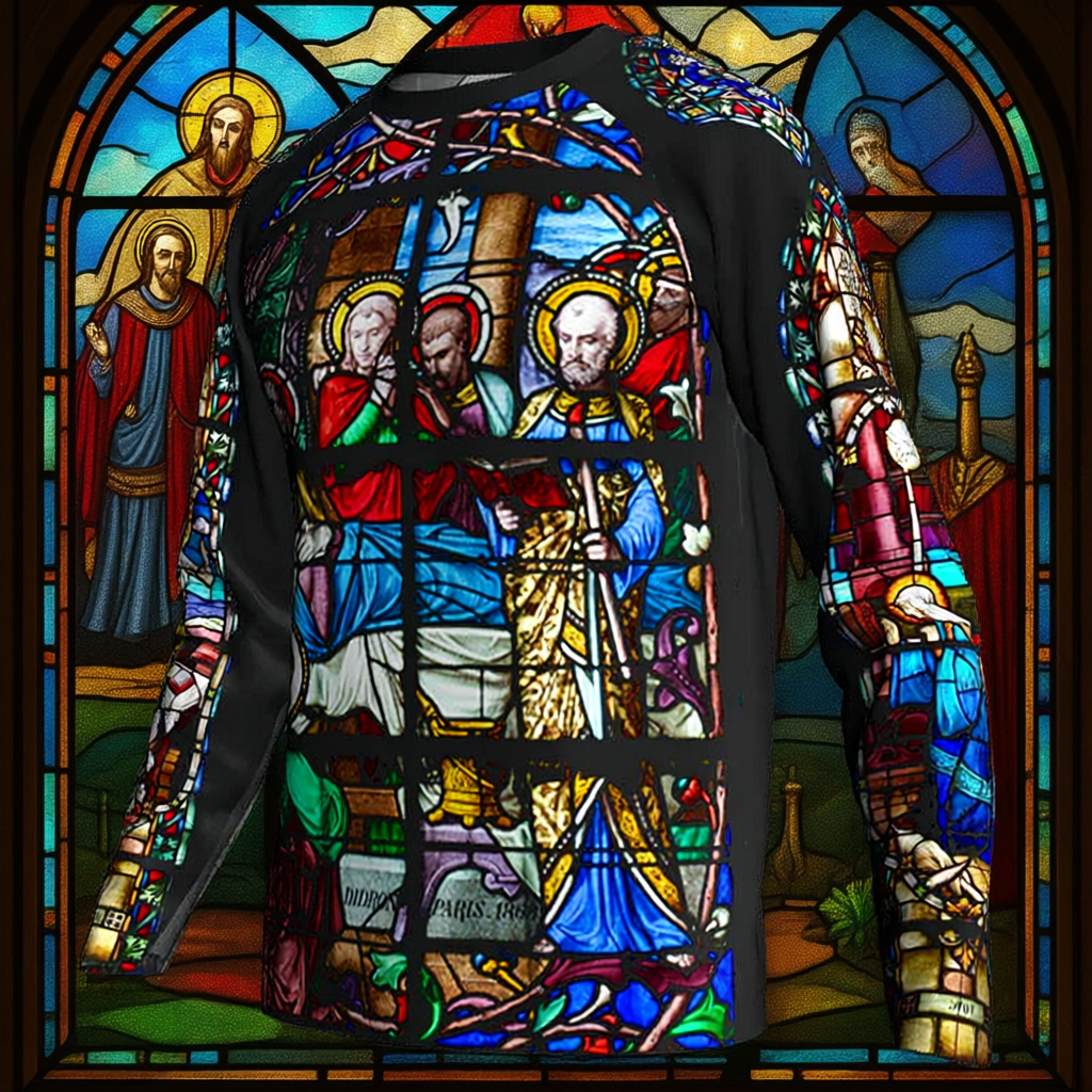 Religious Cycling Jersey – Stained Glass Jesus & Virgin Mary Long Sleeve MTB Bike Shirt for Men & Women | Breathable, Quick-Dry, Unisex Church Wear for Mountain Biking & Road Cycling