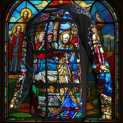 Religious Cycling Jersey – Stained Glass Jesus & Virgin Mary Long Sleeve MTB Bike Shirt for Men & Women | Breathable, Quick-Dry, Unisex Church Wear for Mountain Biking & Road Cycling