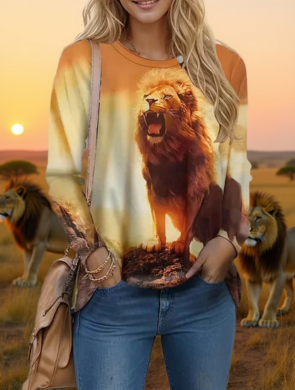 Lion king sunset scene printed on women's loose-fitting long sleeve tee