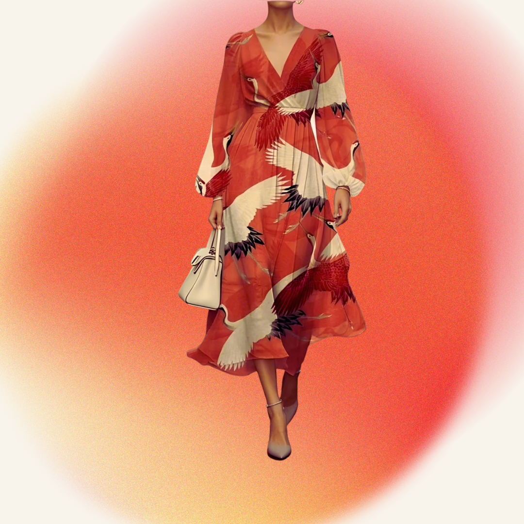 ​Casual vibrant orange abstract print midi dress with long sleeves