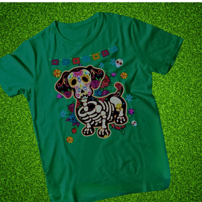 Skull Mexican Dachshund Bone T-Shirt – Funny Day of the Dead Halloween Streetwear | Unisex Cotton Casual T-Shirt