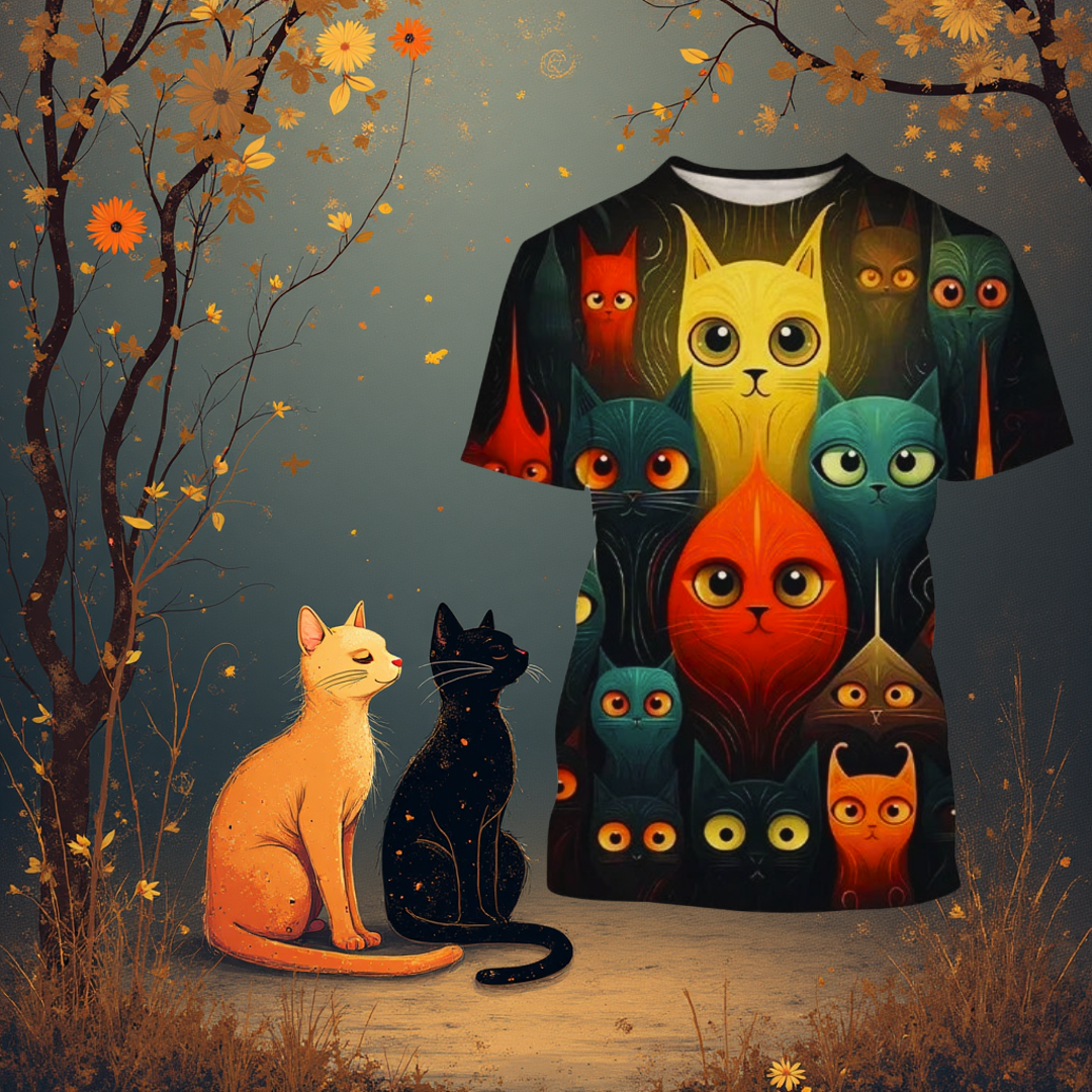  Black and orange cats under tree beside a glowing cat face 3D printed tee