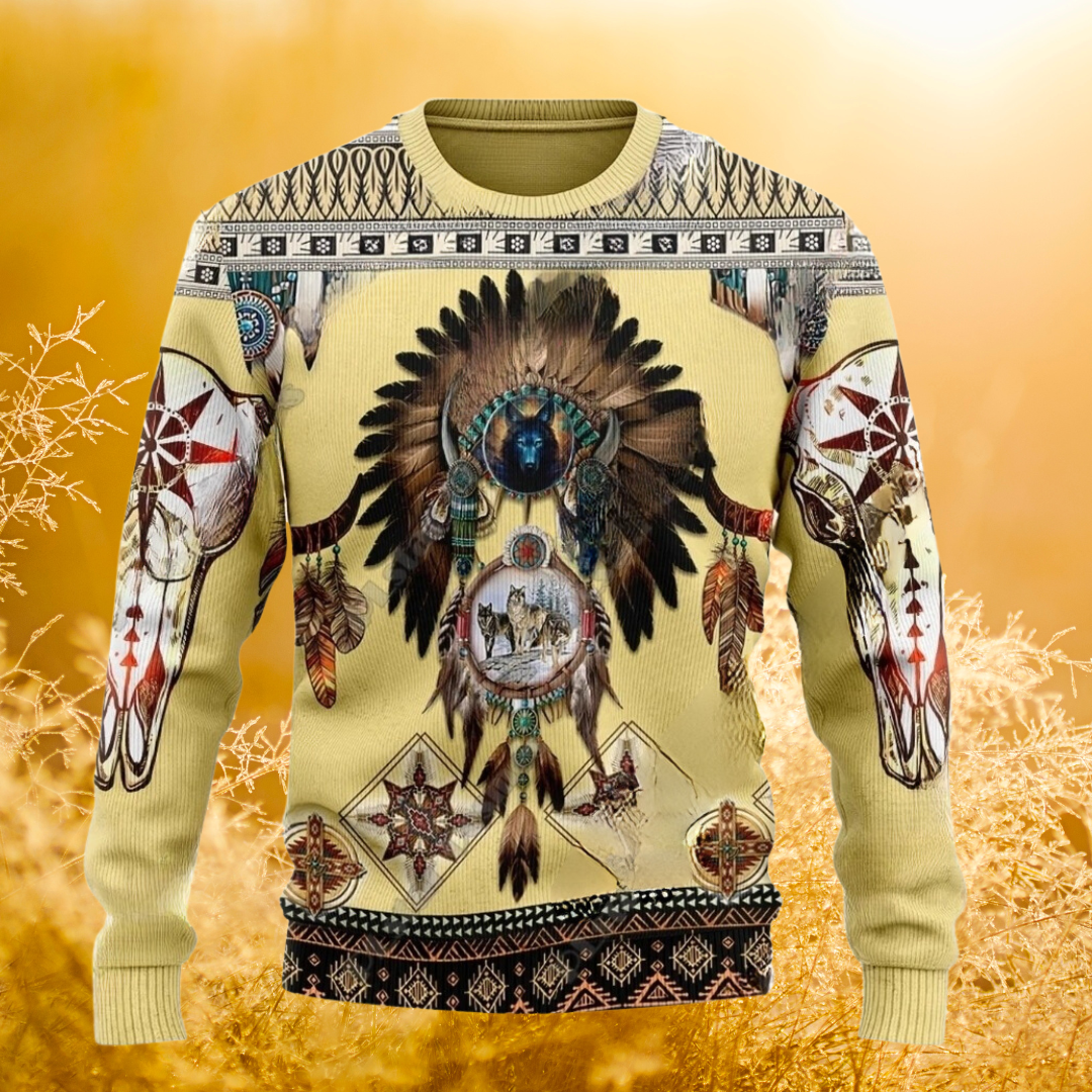 Native Indian Wolf Feather Dream Catcher Art Design Unisex Ugly Sweater (Short to Plus-Size) selection - ALOE WINGS STORE