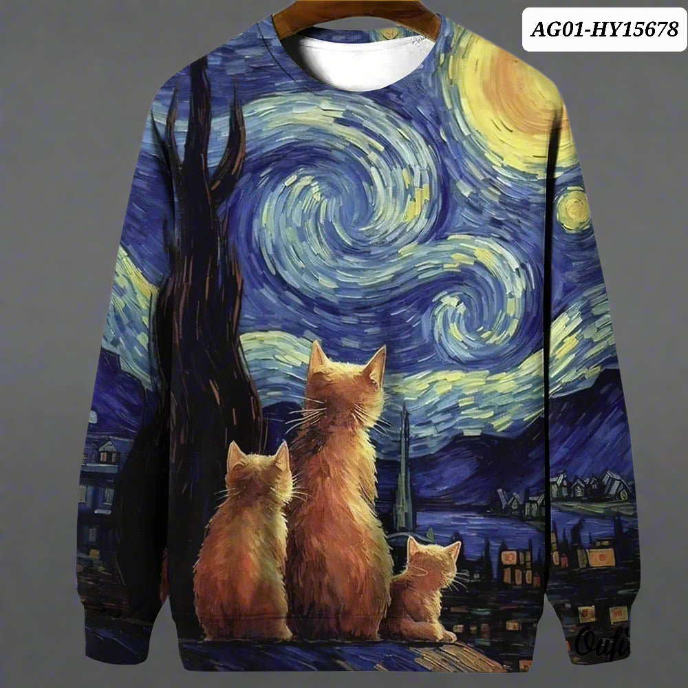 Night Sky Cat Abstract Art Plus Size Included Sweatshirt [SELECTION] - ALOE WINGS STORE