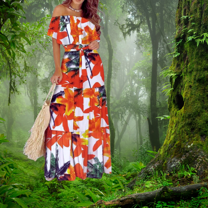 Boho Maxi Dress for Women – Off Shoulder Floral Print Long Sundress | Summer Beach Dress | Cotton Blend Floor-Length Bohemian Dress | S-XXL