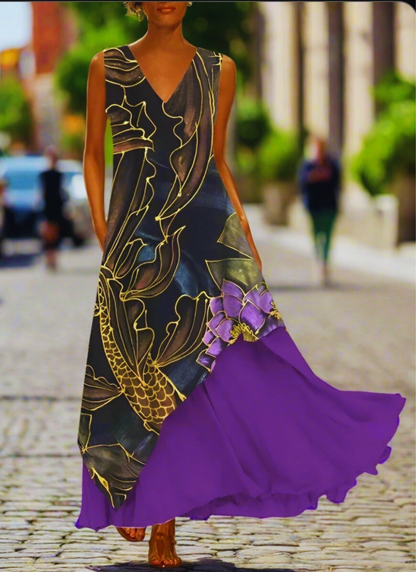Black and Gold Crane Print Maxi Dress with Purple Layer – Boho Sleeveless V-Neck Summer Dress