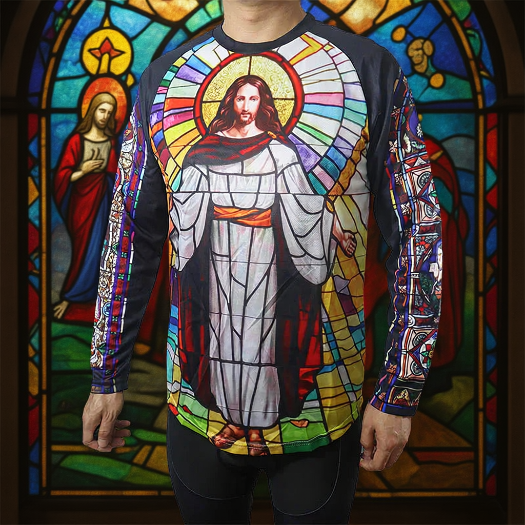 Religious Cycling Jersey – Stained Glass Jesus & Virgin Mary Long Sleeve MTB Bike Shirt for Men & Women | Breathable, Quick-Dry, Unisex Church Wear for Mountain Biking & Road Cycling