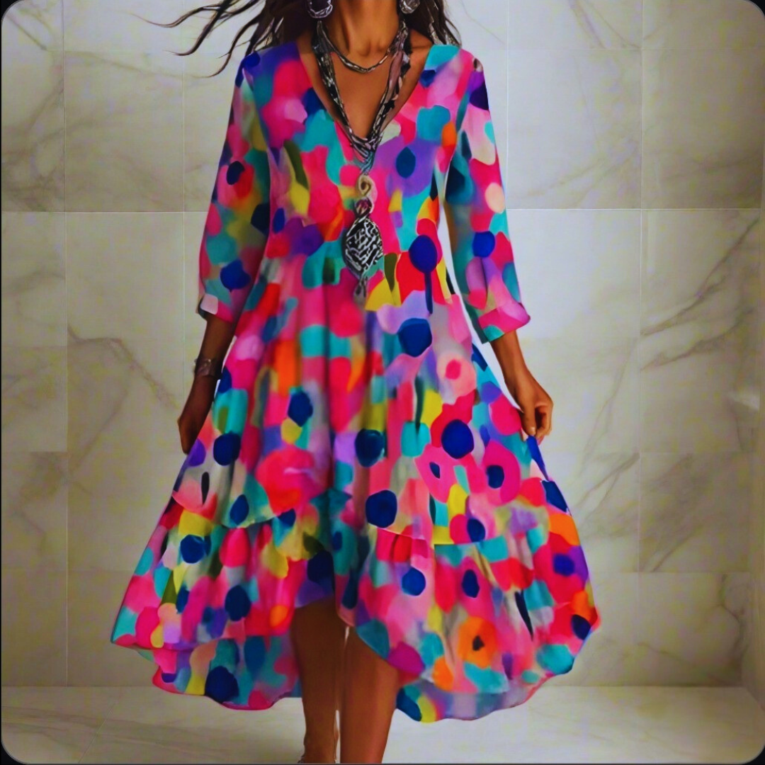 Bright multicolored polka dot dress with floral accents, featuring a loose fit and playful design for casual wear.