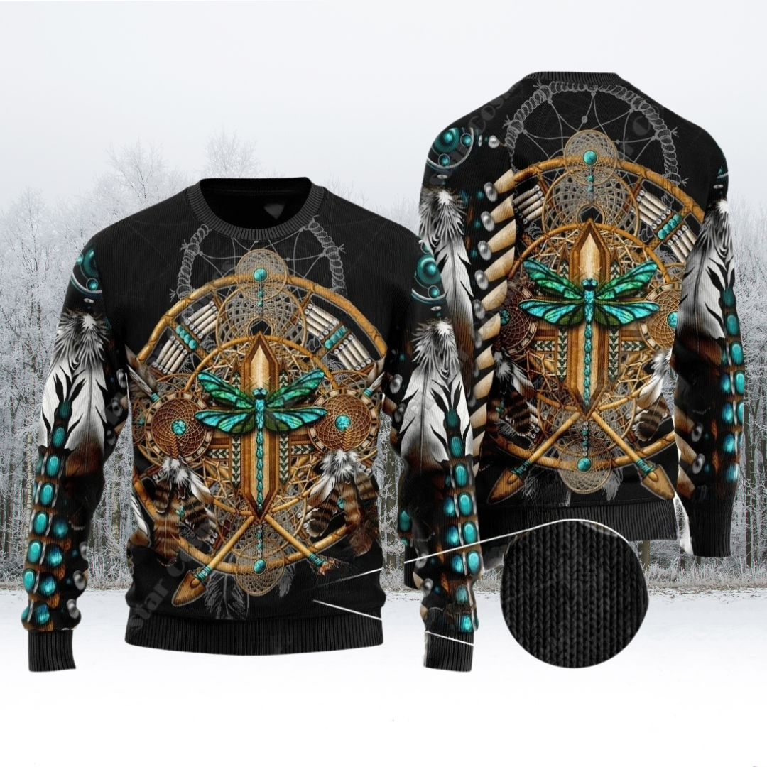 Native Indian Wolf Feather Dream Catcher Art Design Unisex Ugly Sweater (Short to Plus-Size) selection - ALOE WINGS STORE