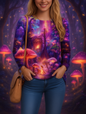 Magical mushroom forest with glowing lights on women's fantasy-themed top
