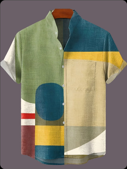 Men's color block patchwork shirt – modern abstract design for urban casual looks and festival wear.