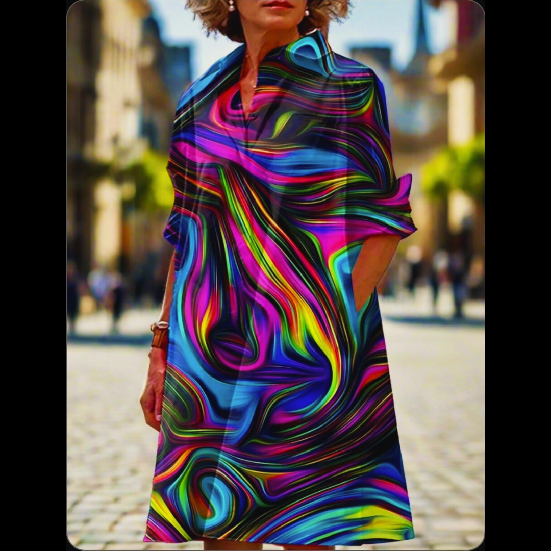 S-5XL Women's Summer Shirt Dress – Loose Bohemian Printed Maxi Dress with Turn-Down Collar, Three-Quarter Sleeves & Geometric Patterns | Vintage-Inspired Knee-Length Party & Evening Gowns in White, Blue, Celadon & More