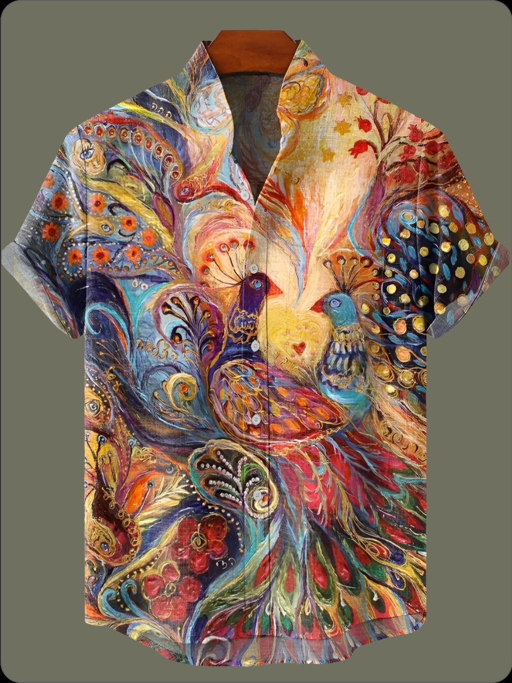 Retro abstract pattern men's casual shirt with psychedelic art print – stylish summer top for creative fashion lovers.