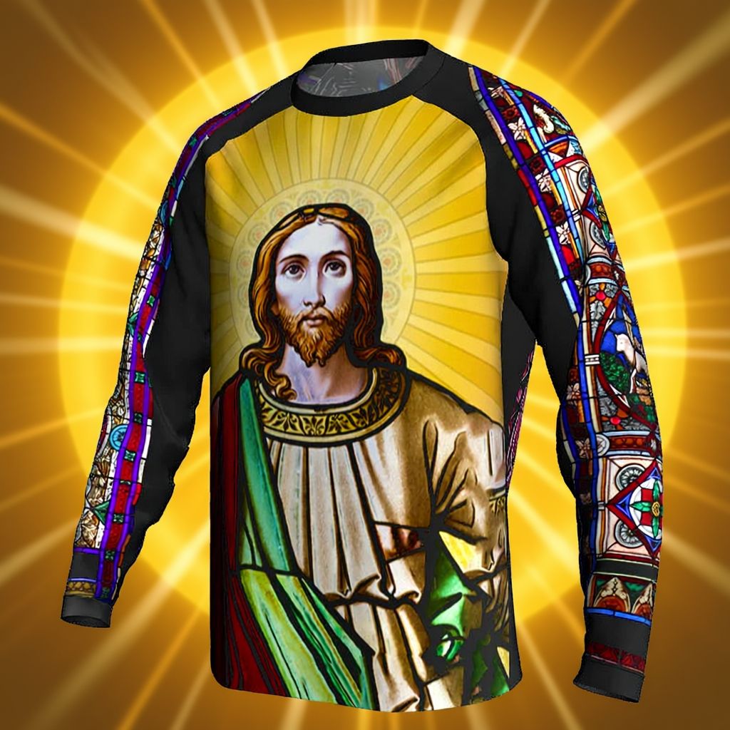 Religious Cycling Jersey – Stained Glass Jesus & Virgin Mary Long Sleeve MTB Bike Shirt for Men & Women | Breathable, Quick-Dry, Unisex Church Wear for Mountain Biking & Road Cycling