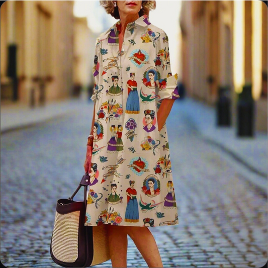 S-5XL Women's Summer Shirt Dress – Loose Bohemian Printed Maxi Dress with Turn-Down Collar, Three-Quarter Sleeves & Geometric Patterns | Vintage-Inspired Knee-Length Party & Evening Gowns in White, Blue, Celadon & More