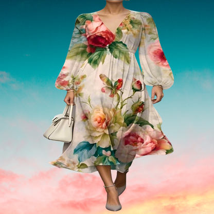​Elegant knee-length floral print dress with full sleeves