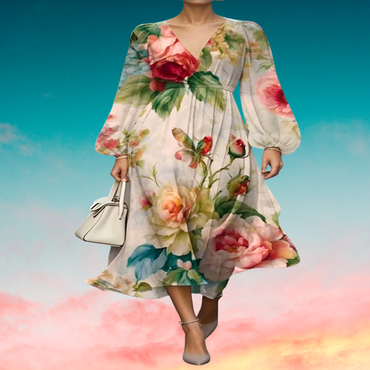 ​Elegant knee-length floral print dress with full sleeves