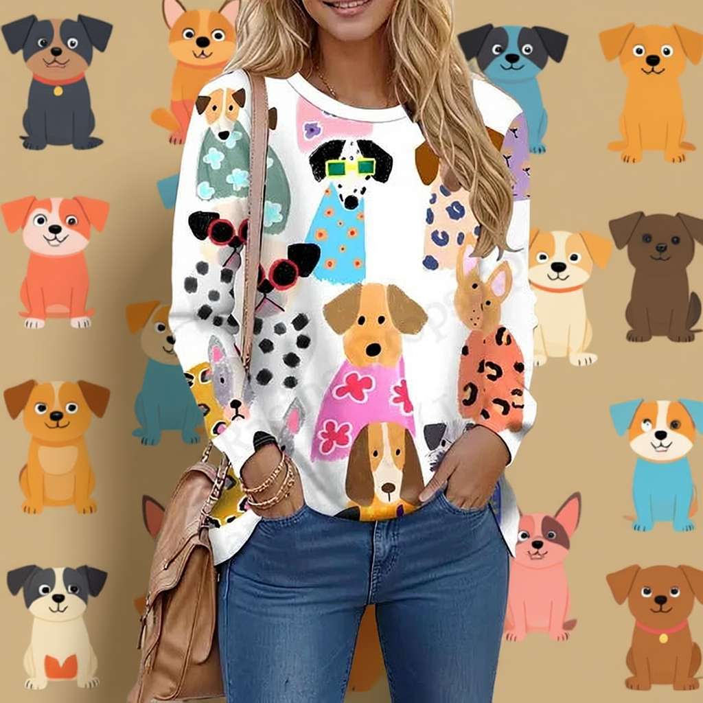 Colourful dog pattern with various breeds on women's long sleeve graphic tee