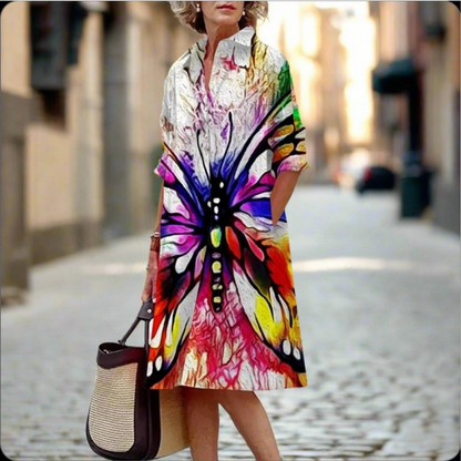 S-5XL Women's Summer Shirt Dress – Loose Bohemian Printed Maxi Dress with Turn-Down Collar, Three-Quarter Sleeves & Geometric Patterns | Vintage-Inspired Knee-Length Party & Evening Gowns in White, Blue, Celadon & More