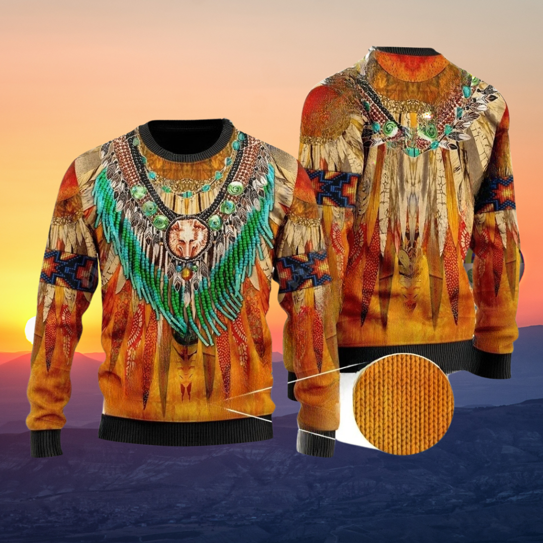 Native Indian Wolf Feather Dream Catcher Art Design Unisex Ugly Sweater (Short to Plus-Size) selection - ALOE WINGS STORE