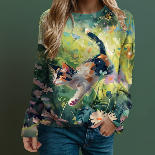 Cute Cat Sweatshirts for Women – Funny Graphic Crewneck Oversized Sweaters