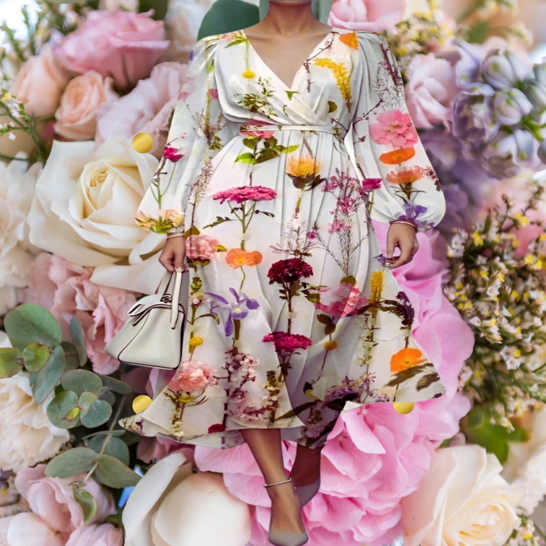 ​Green floral print knee-length dress with full sleeves, walking on a street