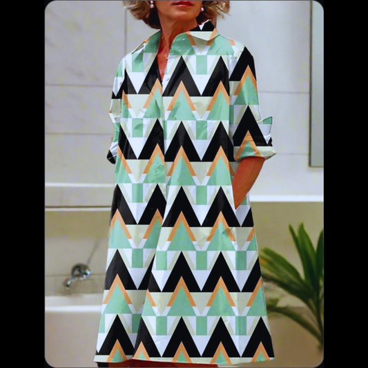 White and blue geometric striped loose shirt dress for women