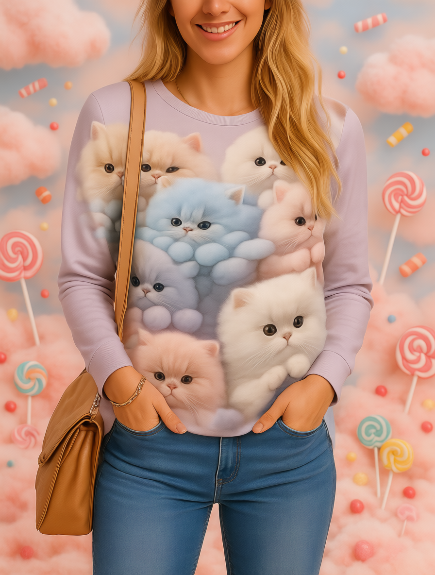 Pastel-coloured plush cats and lollipops design on women's long sleeve tee