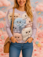Pastel-coloured plush cats and lollipops design on women's long sleeve tee